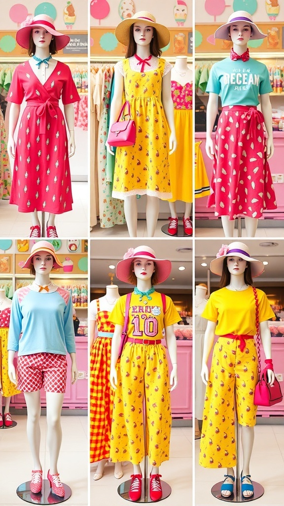 A collection of colorful ice cream-themed outfits displayed in a bright ice cream shop.